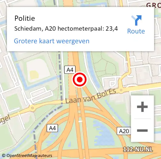 Locatie op kaart van de 112 melding: Politie Schiedam, A20 hectometerpaal: 23,4 op 10 september 2024 19:59