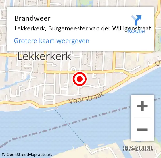 Locatie op kaart van de 112 melding: Brandweer Lekkerkerk, Burgemeester van der Willigenstraat op 10 september 2024 20:08