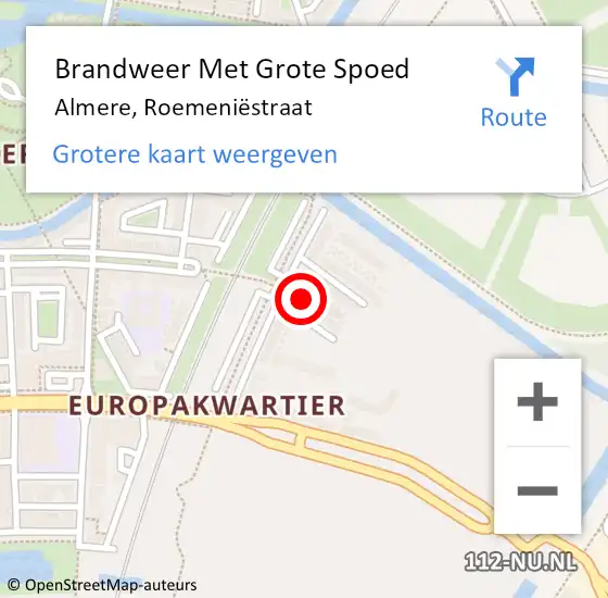 Locatie op kaart van de 112 melding: Brandweer Met Grote Spoed Naar Almere, Roemeniëstraat op 10 september 2024 20:12