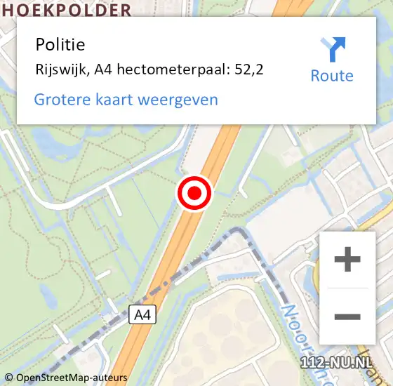 Locatie op kaart van de 112 melding: Politie Rijswijk, A4 hectometerpaal: 52,2 op 10 september 2024 20:34