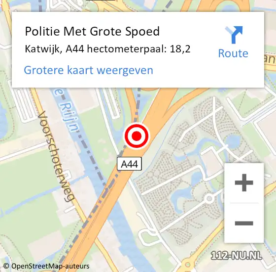 Locatie op kaart van de 112 melding: Politie Met Grote Spoed Naar Katwijk, A44 hectometerpaal: 18,2 op 10 september 2024 22:31