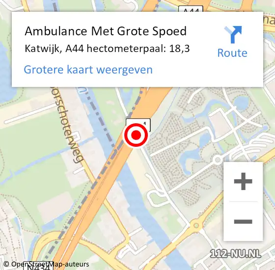 Locatie op kaart van de 112 melding: Ambulance Met Grote Spoed Naar Katwijk, A44 hectometerpaal: 18,3 op 10 september 2024 22:33