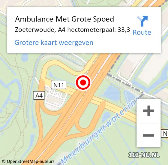 Locatie op kaart van de 112 melding: Ambulance Met Grote Spoed Naar Zoeterwoude, A4 hectometerpaal: 33,3 op 10 september 2024 22:38