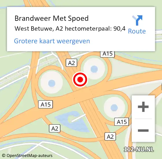 Locatie op kaart van de 112 melding: Brandweer Met Spoed Naar West Betuwe, A2 hectometerpaal: 90,4 op 11 september 2024 00:06