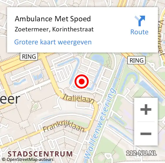 Locatie op kaart van de 112 melding: Ambulance Met Spoed Naar Zoetermeer, Korinthestraat op 11 september 2024 03:13