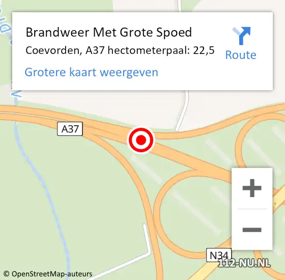 Locatie op kaart van de 112 melding: Brandweer Met Grote Spoed Naar Coevorden, A37 hectometerpaal: 22,5 op 11 september 2024 05:21