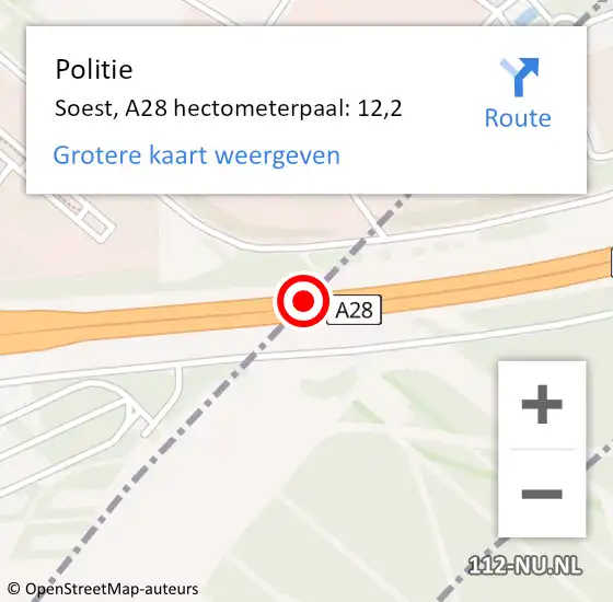 Locatie op kaart van de 112 melding: Politie Soest, A28 hectometerpaal: 12,2 op 11 september 2024 05:55