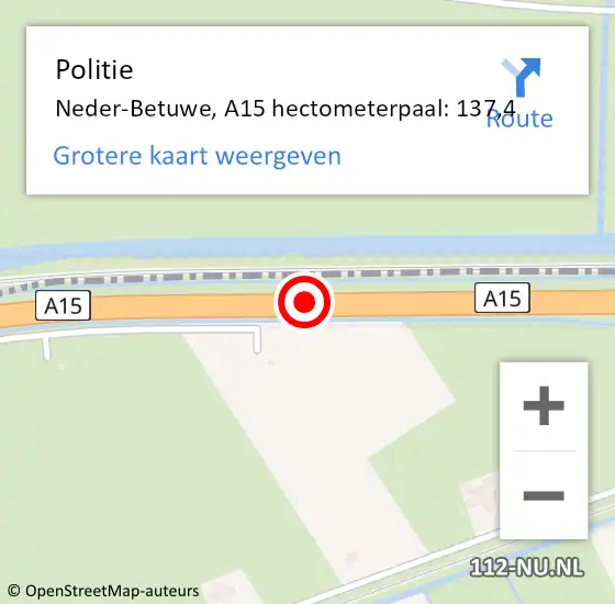 Locatie op kaart van de 112 melding: Politie Neder-Betuwe, A15 hectometerpaal: 137,4 op 11 september 2024 06:25