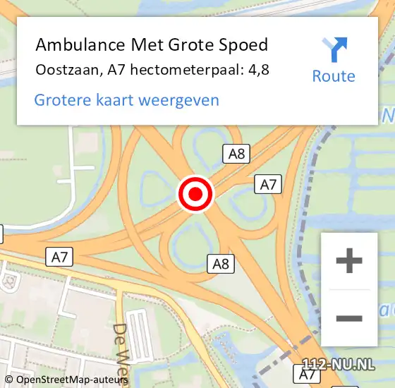 Locatie op kaart van de 112 melding: Ambulance Met Grote Spoed Naar Oostzaan, A7 hectometerpaal: 4,8 op 11 september 2024 07:35