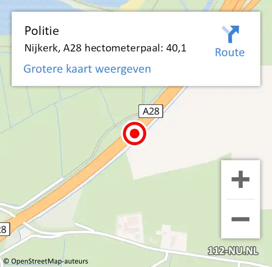 Locatie op kaart van de 112 melding: Politie Nijkerk, A28 hectometerpaal: 40,1 op 11 september 2024 07:47