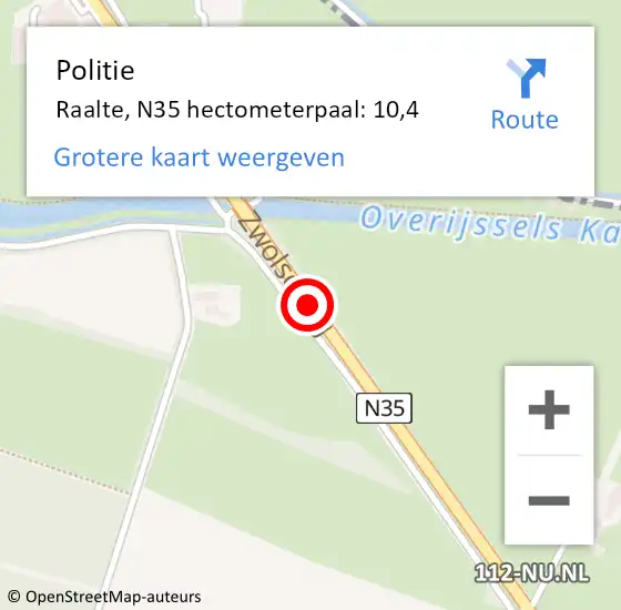 Locatie op kaart van de 112 melding: Politie Raalte, N35 hectometerpaal: 10,4 op 11 september 2024 08:10