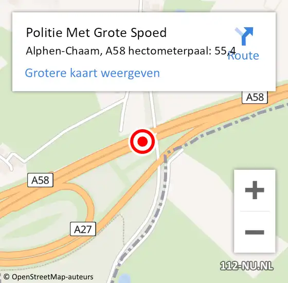 Locatie op kaart van de 112 melding: Politie Met Grote Spoed Naar Alphen-Chaam, A58 hectometerpaal: 55,4 op 11 september 2024 09:58