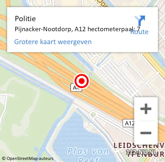 Locatie op kaart van de 112 melding: Politie Pijnacker-Nootdorp, A12 hectometerpaal: 7 op 11 september 2024 10:44