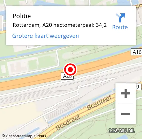 Locatie op kaart van de 112 melding: Politie Rotterdam, A20 hectometerpaal: 34,2 op 11 september 2024 10:52