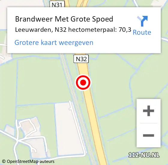 Locatie op kaart van de 112 melding: Brandweer Met Grote Spoed Naar Leeuwarden, N32 hectometerpaal: 70,3 op 11 september 2024 11:40