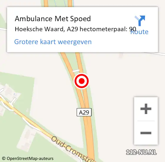 Locatie op kaart van de 112 melding: Ambulance Met Spoed Naar Hoeksche Waard, A29 hectometerpaal: 90 op 11 september 2024 11:59