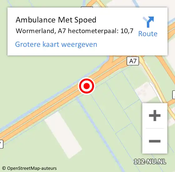 Locatie op kaart van de 112 melding: Ambulance Met Spoed Naar Wormerland, A7 hectometerpaal: 10,7 op 11 september 2024 12:17