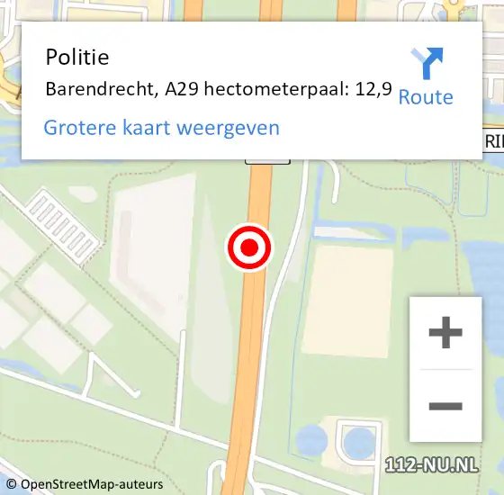 Locatie op kaart van de 112 melding: Politie Barendrecht, A29 hectometerpaal: 12,9 op 11 september 2024 12:40