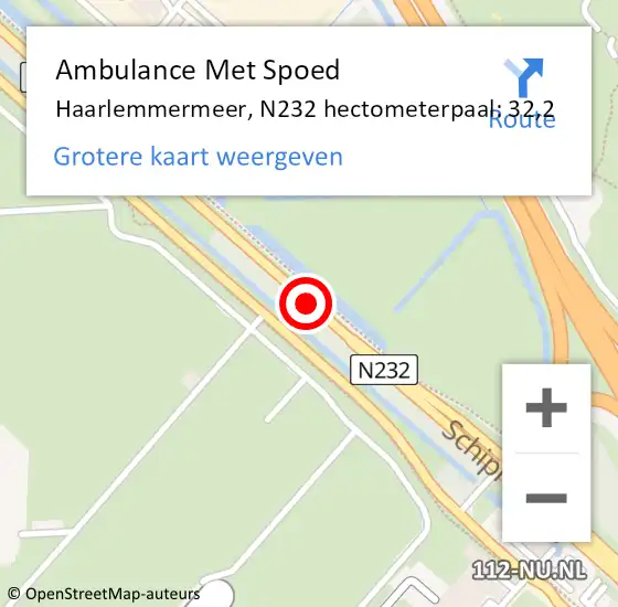 Locatie op kaart van de 112 melding: Ambulance Met Spoed Naar Haarlemmermeer, N232 hectometerpaal: 32,2 op 11 september 2024 12:59