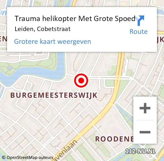 Locatie op kaart van de 112 melding: Trauma helikopter Met Grote Spoed Naar Leiden, Cobetstraat op 11 september 2024 13:07