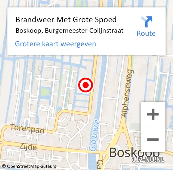 Locatie op kaart van de 112 melding: Brandweer Met Grote Spoed Naar Boskoop, Burgemeester Colijnstraat op 11 september 2024 13:30