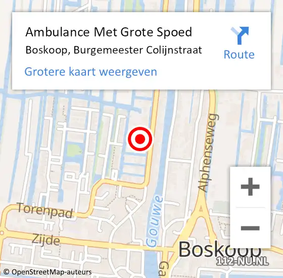 Locatie op kaart van de 112 melding: Ambulance Met Grote Spoed Naar Boskoop, Burgemeester Colijnstraat op 11 september 2024 13:31