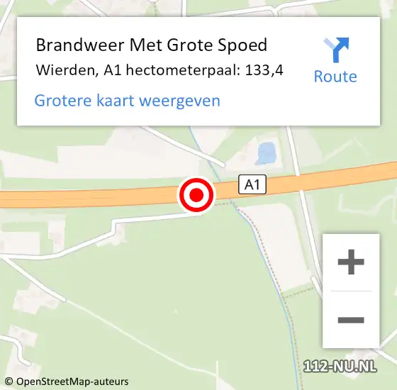 Locatie op kaart van de 112 melding: Brandweer Met Grote Spoed Naar Wierden, A1 hectometerpaal: 133,4 op 11 september 2024 13:36