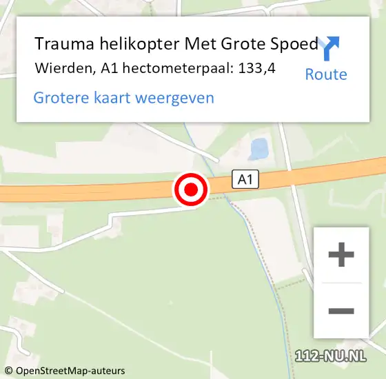 Locatie op kaart van de 112 melding: Trauma helikopter Met Grote Spoed Naar Wierden, A1 hectometerpaal: 133,4 op 11 september 2024 13:37