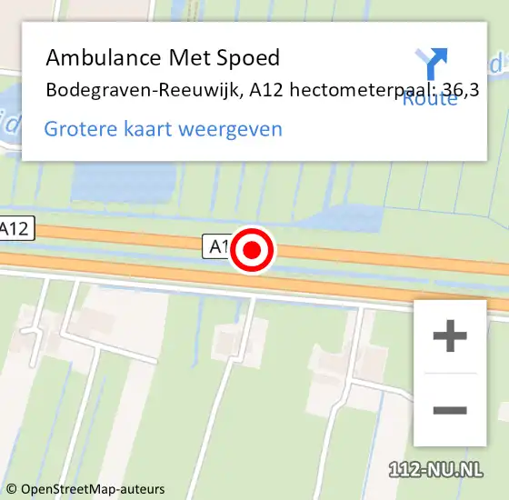 Locatie op kaart van de 112 melding: Ambulance Met Spoed Naar Bodegraven-Reeuwijk, A12 hectometerpaal: 36,3 op 11 september 2024 15:08