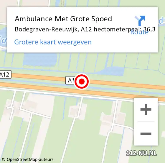 Locatie op kaart van de 112 melding: Ambulance Met Grote Spoed Naar Bodegraven-Reeuwijk, A12 hectometerpaal: 36,3 op 11 september 2024 15:09