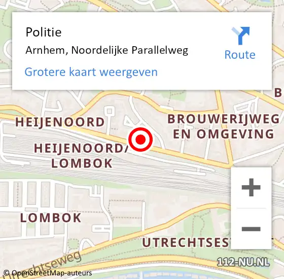 Locatie op kaart van de 112 melding: Politie Arnhem, Noordelijke Parallelweg op 11 september 2024 15:38