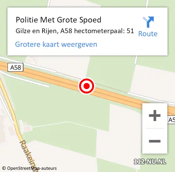 Locatie op kaart van de 112 melding: Politie Met Grote Spoed Naar Gilze en Rijen, A58 hectometerpaal: 51 op 11 september 2024 16:06