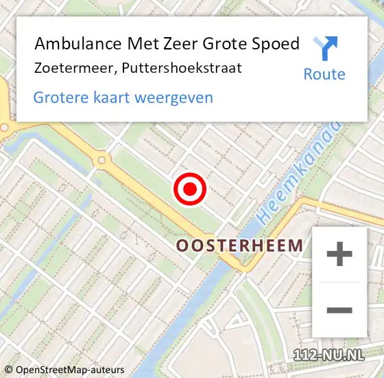 Locatie op kaart van de 112 melding: Ambulance Met Zeer Grote Spoed Naar Zoetermeer, Puttershoekstraat op 11 september 2024 16:08