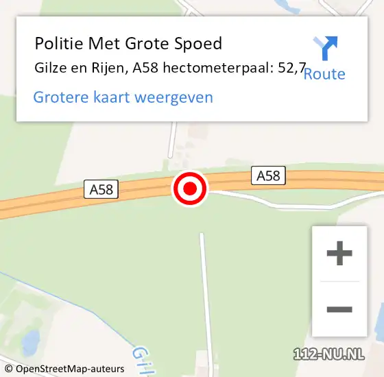 Locatie op kaart van de 112 melding: Politie Met Grote Spoed Naar Gilze en Rijen, A58 hectometerpaal: 52,7 op 11 september 2024 16:09