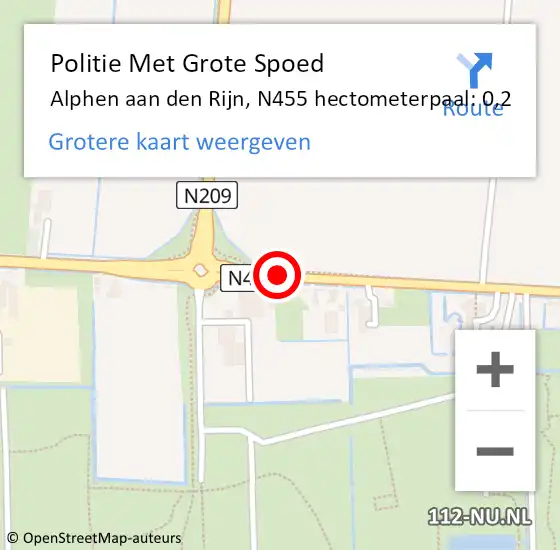 Locatie op kaart van de 112 melding: Politie Met Grote Spoed Naar Alphen aan den Rijn, N455 hectometerpaal: 0,2 op 11 september 2024 16:18