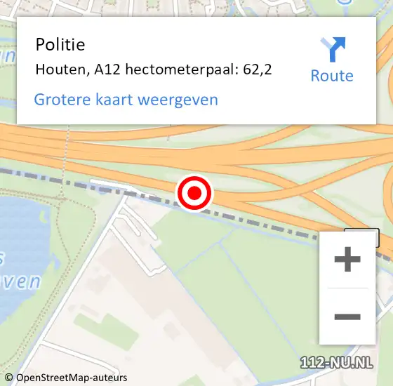 Locatie op kaart van de 112 melding: Politie Houten, A12 hectometerpaal: 62,2 op 11 september 2024 16:18