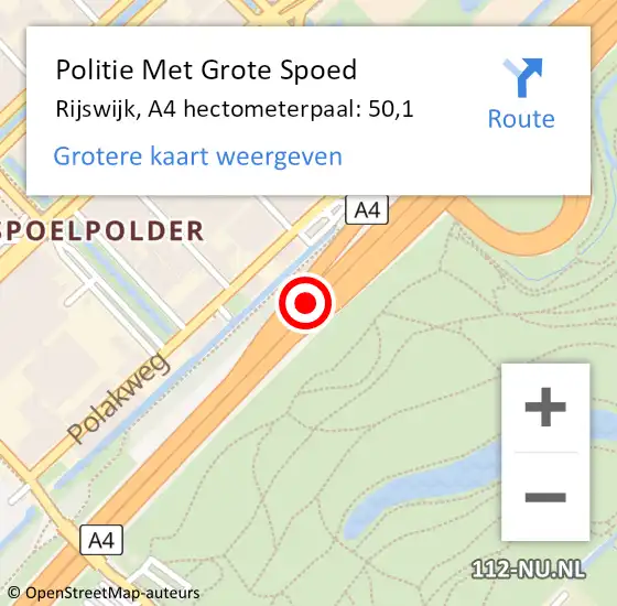 Locatie op kaart van de 112 melding: Politie Met Grote Spoed Naar Rijswijk, A4 hectometerpaal: 50,1 op 11 september 2024 16:31