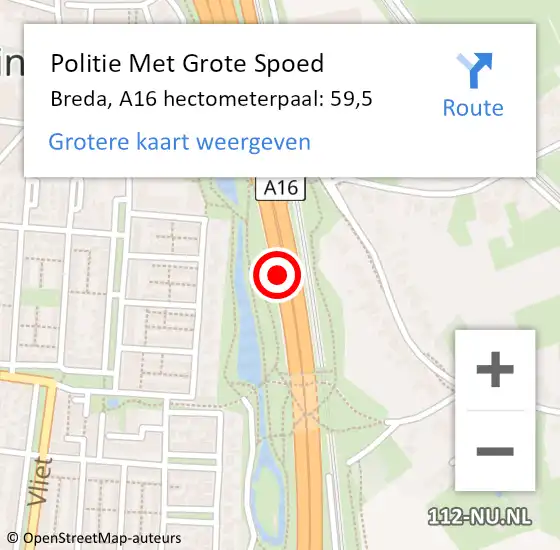 Locatie op kaart van de 112 melding: Politie Met Grote Spoed Naar Breda, A16 hectometerpaal: 59,5 op 11 september 2024 16:46