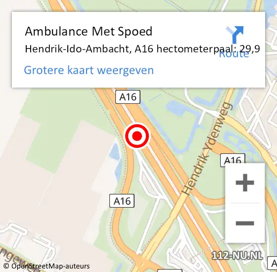 Locatie op kaart van de 112 melding: Ambulance Met Spoed Naar Hendrik-Ido-Ambacht, A16 hectometerpaal: 29,9 op 11 september 2024 17:14