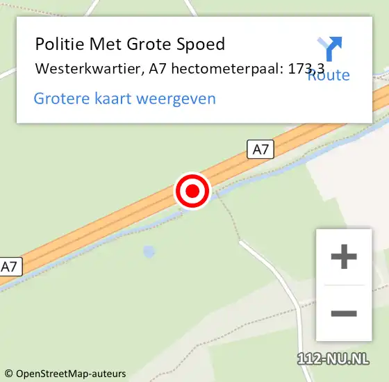 Locatie op kaart van de 112 melding: Politie Met Grote Spoed Naar Westerkwartier, A7 hectometerpaal: 173,3 op 11 september 2024 17:19