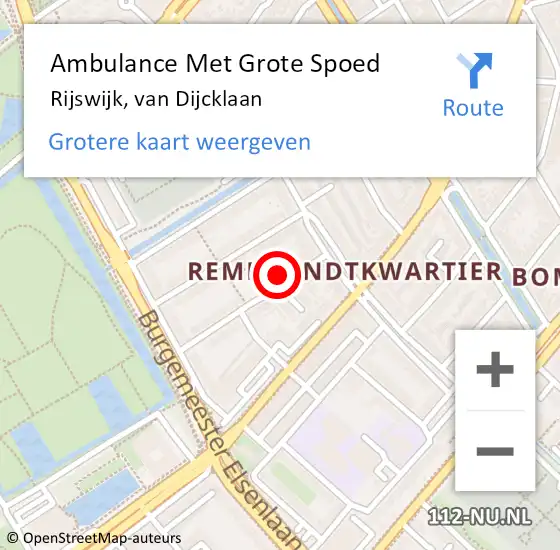 Locatie op kaart van de 112 melding: Ambulance Met Grote Spoed Naar Rijswijk, van Dijcklaan op 11 september 2024 17:47