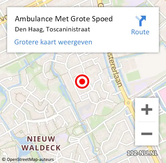 Locatie op kaart van de 112 melding: Ambulance Met Grote Spoed Naar Den Haag, Toscaninistraat op 11 september 2024 18:18