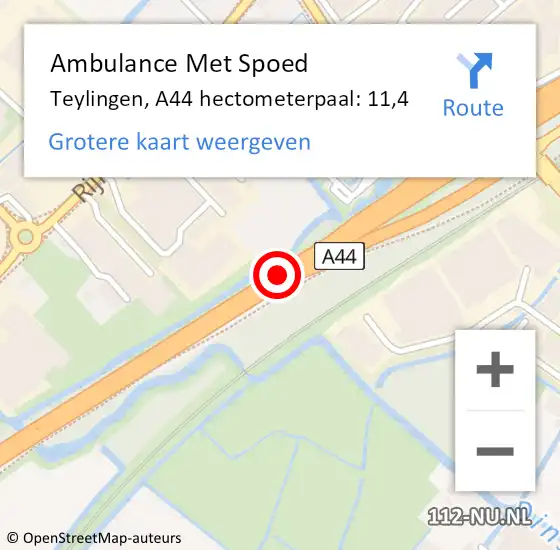 Locatie op kaart van de 112 melding: Ambulance Met Spoed Naar Teylingen, A44 hectometerpaal: 11,4 op 11 september 2024 18:21