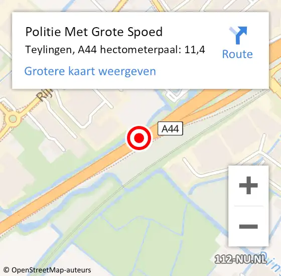 Locatie op kaart van de 112 melding: Politie Met Grote Spoed Naar Teylingen, A44 hectometerpaal: 11,4 op 11 september 2024 18:22