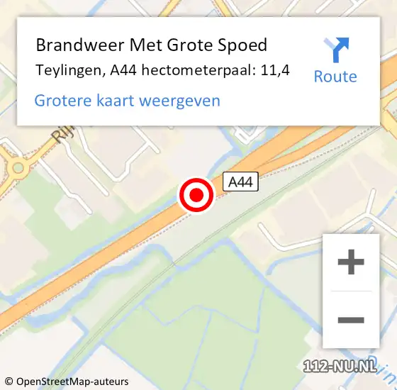 Locatie op kaart van de 112 melding: Brandweer Met Grote Spoed Naar Teylingen, A44 hectometerpaal: 11,4 op 11 september 2024 18:28