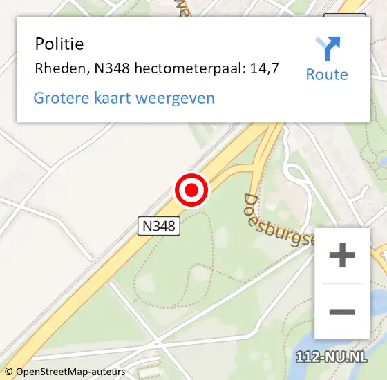 Locatie op kaart van de 112 melding: Politie Rheden, N348 hectometerpaal: 14,7 op 11 september 2024 18:33