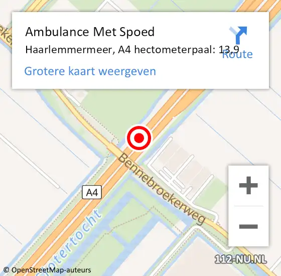 Locatie op kaart van de 112 melding: Ambulance Met Spoed Naar Haarlemmermeer, A4 hectometerpaal: 13,9 op 11 september 2024 18:33