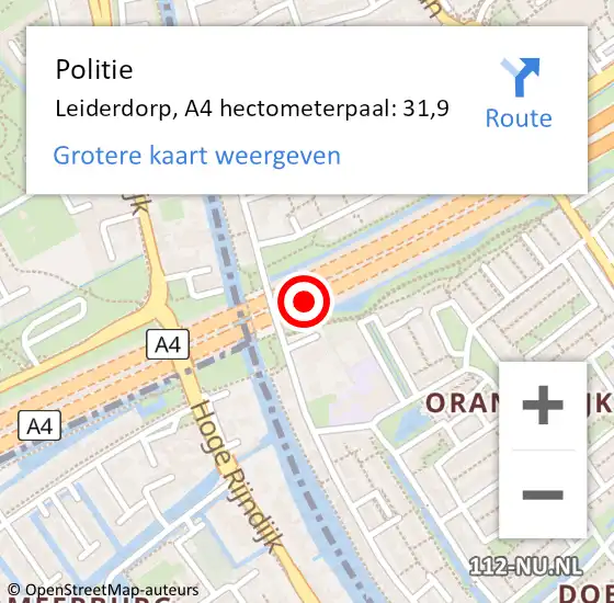 Locatie op kaart van de 112 melding: Politie Leiderdorp, A4 hectometerpaal: 31,9 op 11 september 2024 18:35