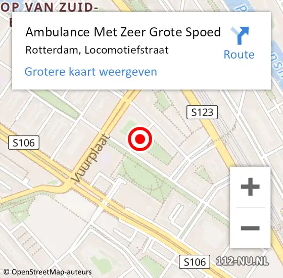 Locatie op kaart van de 112 melding: Ambulance Met Zeer Grote Spoed Naar Rotterdam, Locomotiefstraat op 11 september 2024 19:59