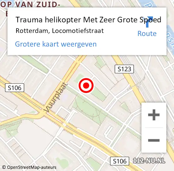 Locatie op kaart van de 112 melding: Trauma helikopter Met Zeer Grote Spoed Naar Rotterdam, Locomotiefstraat op 11 september 2024 20:01